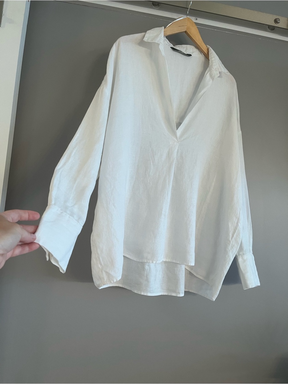Zara White V-Neck 100% nice thick Linen Tunic Blouse, L